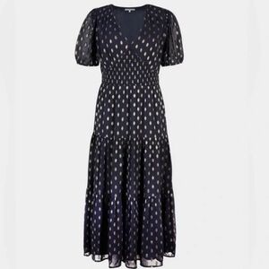 Oliver Bonas  Navy & Gold Metallic on Chiffon - Dress Size 8
